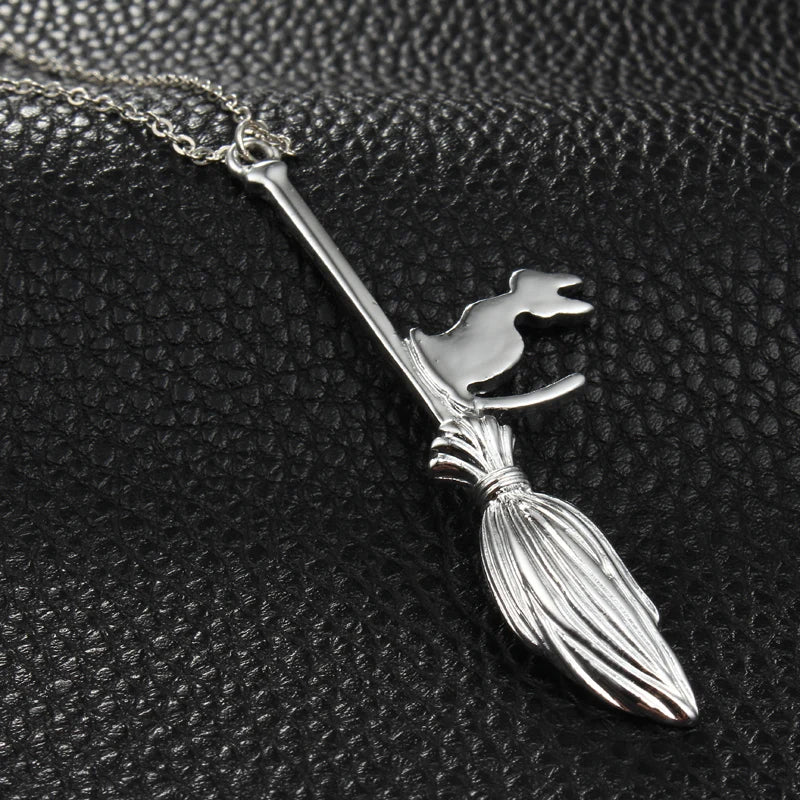 Punk Magic Broom With Cat Pendant Necklace