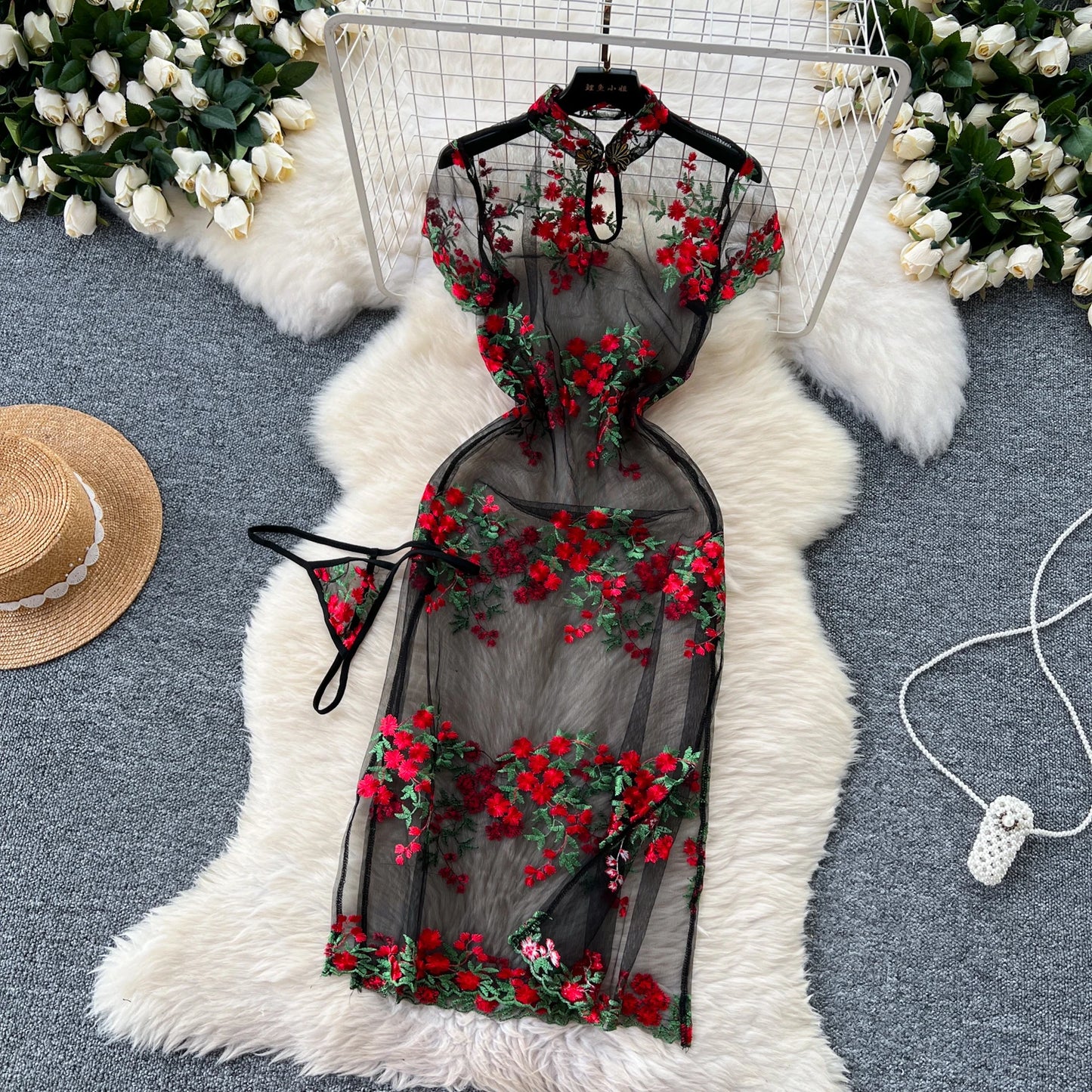 Floral Elegance: Chinese Style Mid-Calf Dress