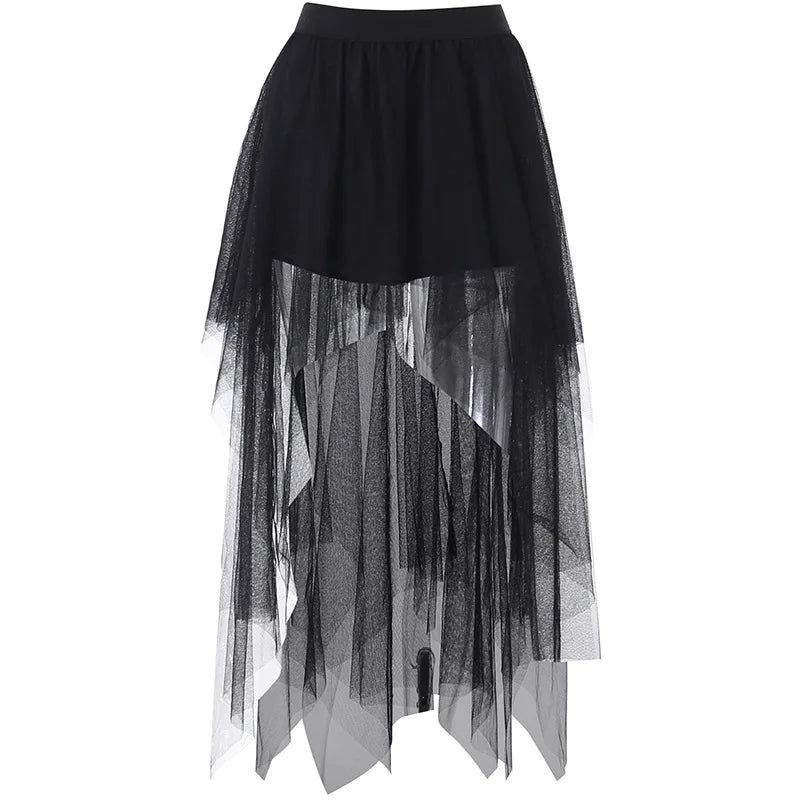 Gothic Mesh High-Waisted Asymmetrical Skirt