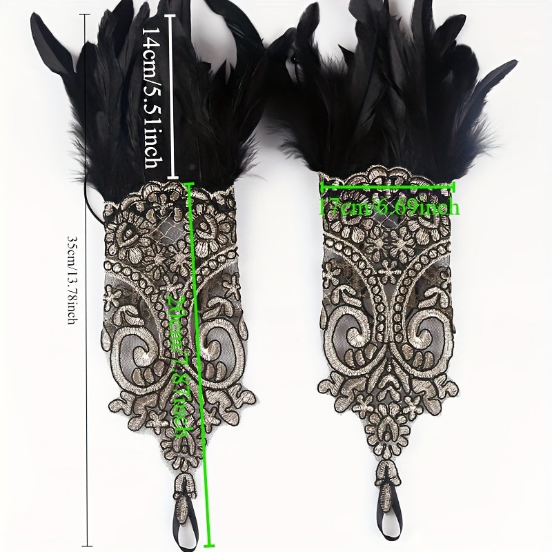 Elegance in Blue: Gothic Lace Feather Glove Set