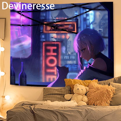 Vibrant Devineresse Neon Glow Cyberpunk Tapestry