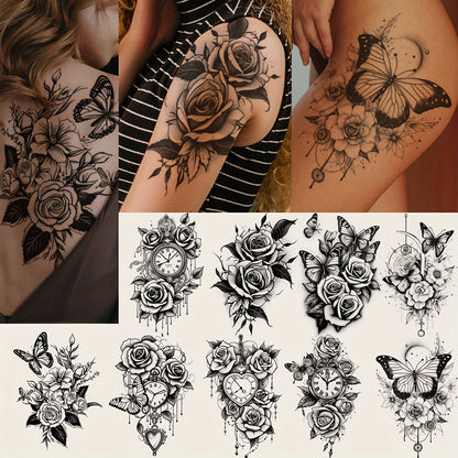 Gothic Butterfly Floral Clock Temporary Tattoo Stickers