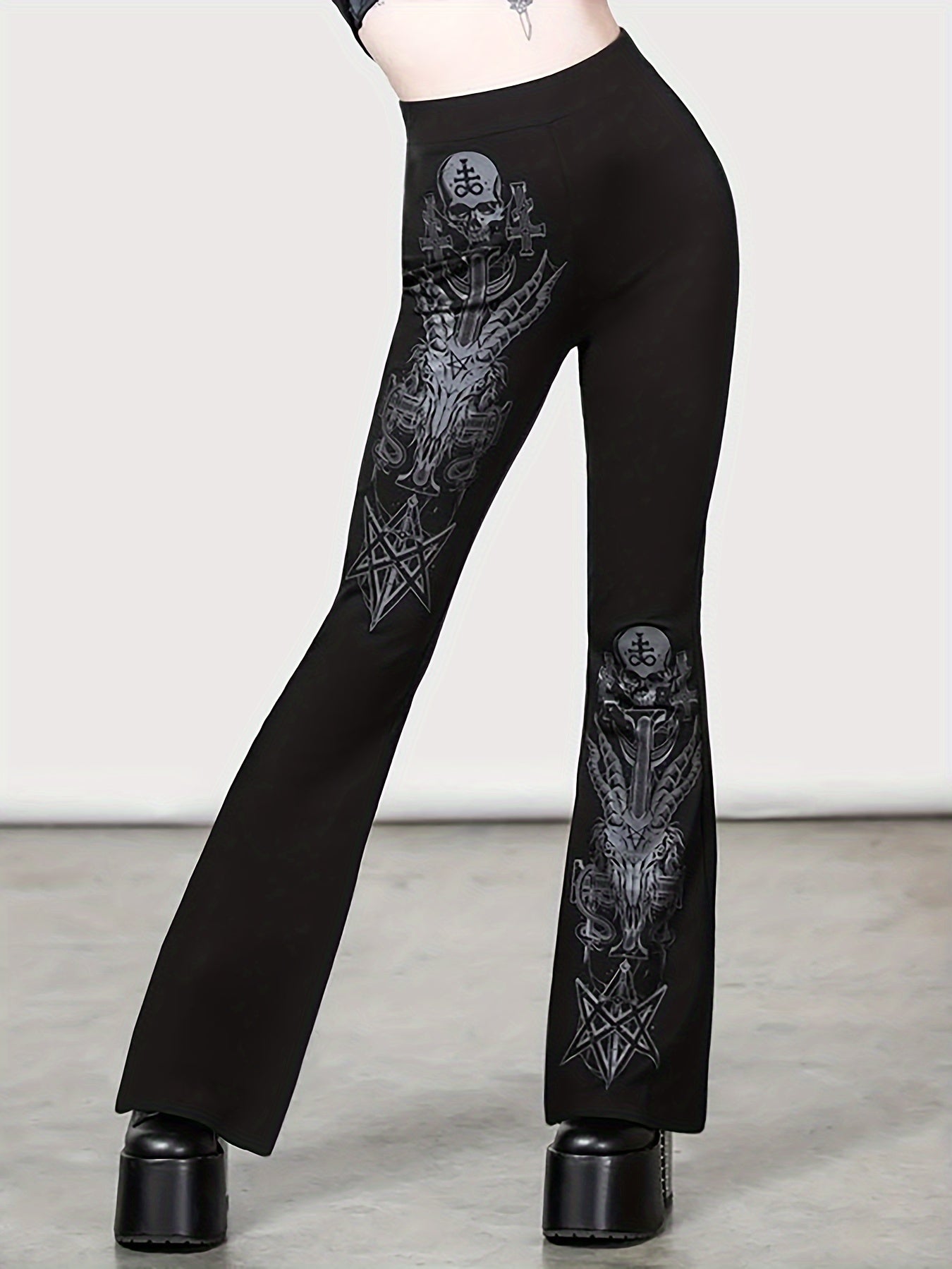 Gothic Skull Flare Pants - High-Waist Bell Bottoms