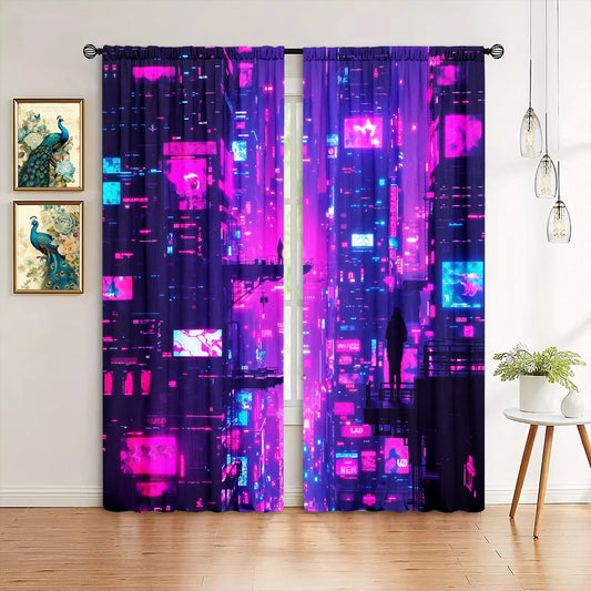 Urban Glow: Cyberpunk Semi-Sheer Curtain Set