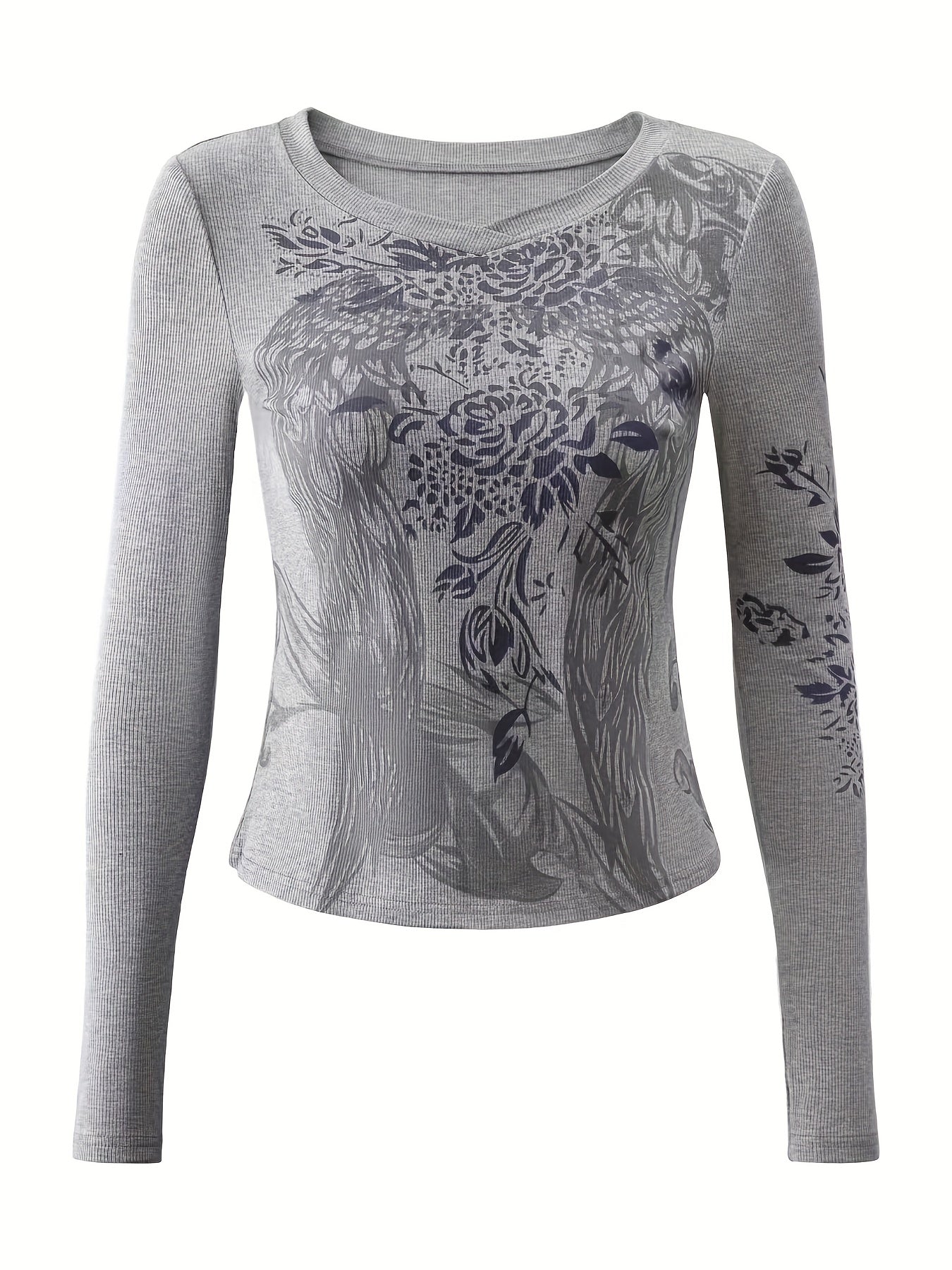 Y2K Feather Print V-Neck Top