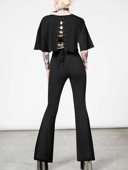 Gothic Skull Flare Pants - High-Waist Bell Bottoms