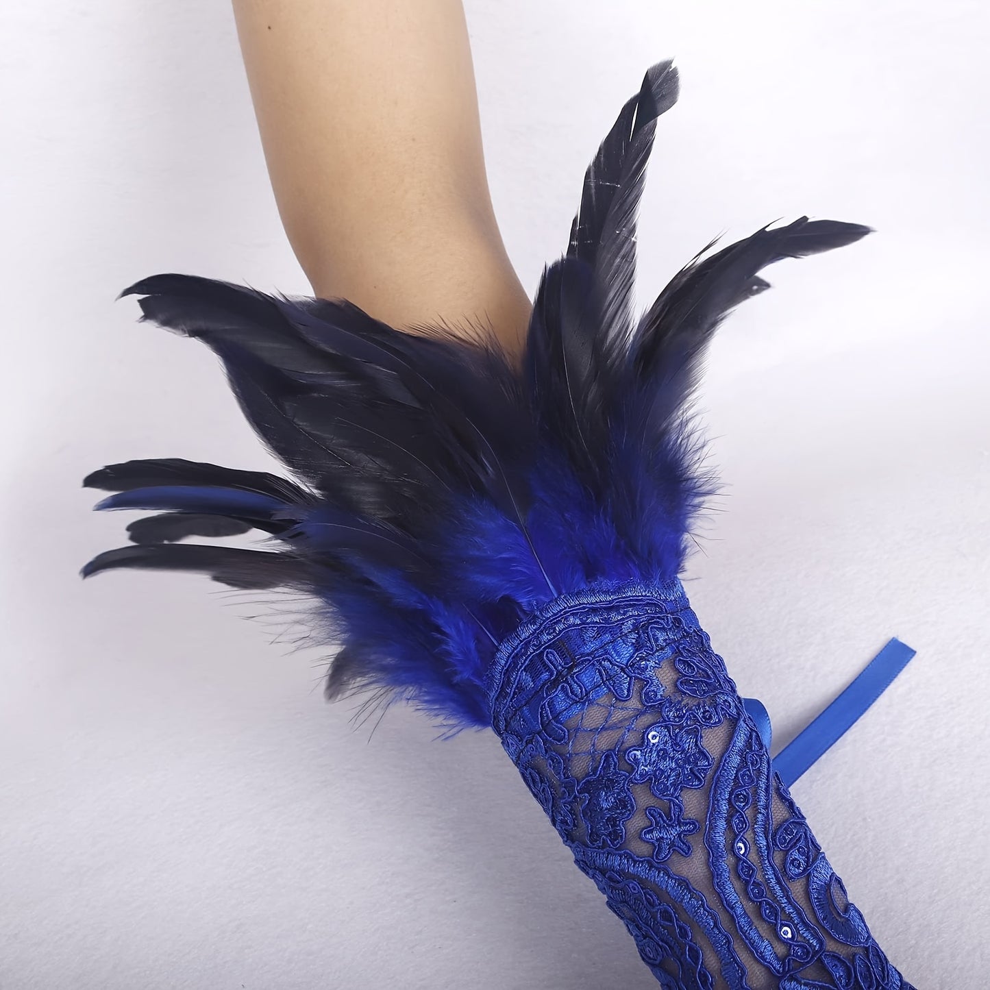 Elegance in Blue: Gothic Lace Feather Glove Set