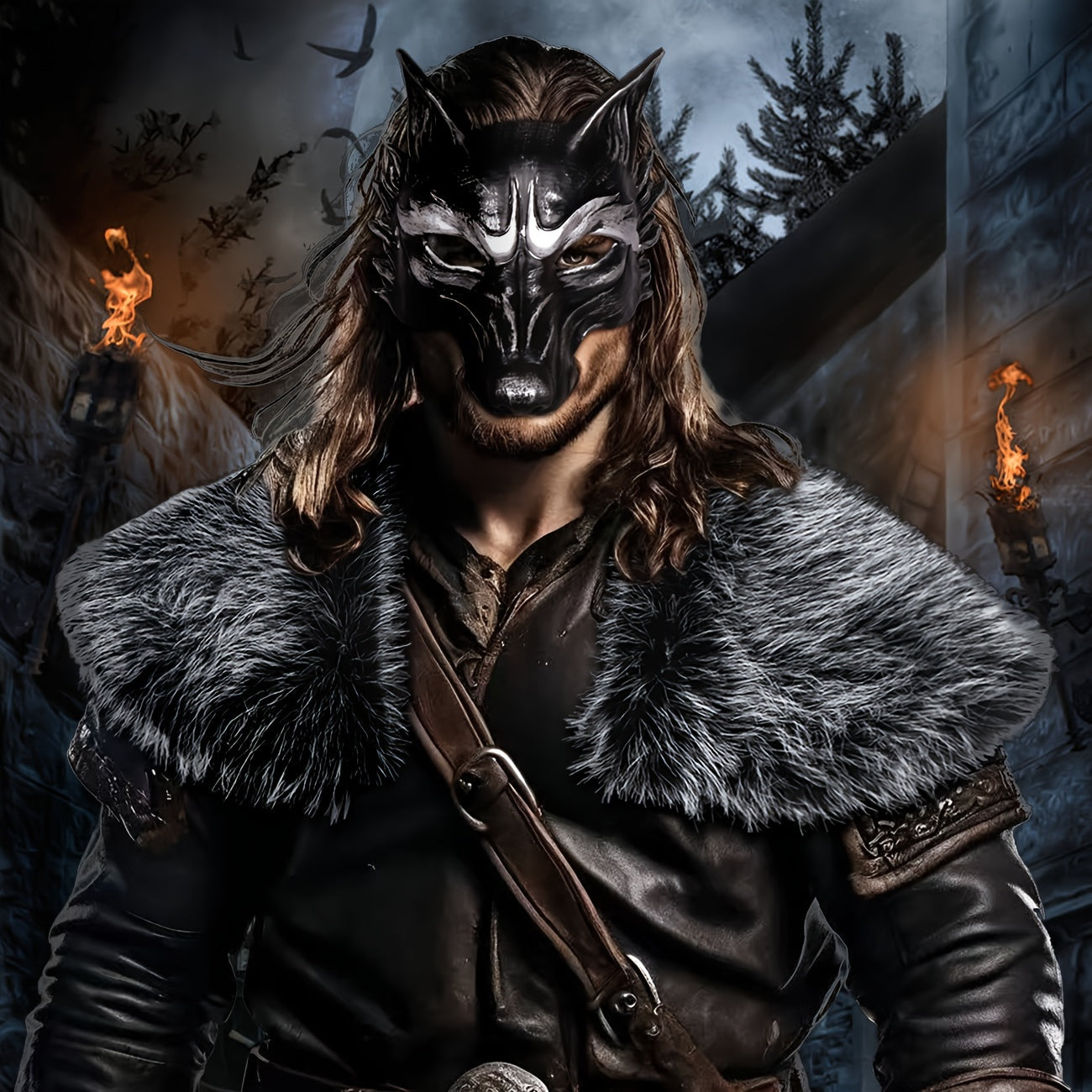 Lupine Fur Shawl & Mask Costume Set for Parties