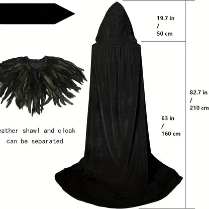 Gothic Velvet Cloak with Detachable Feather Cape Set