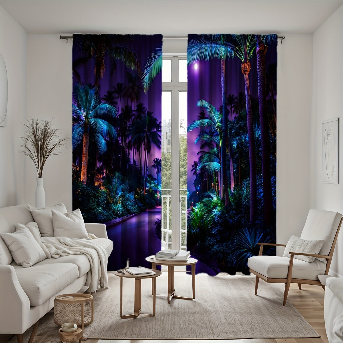 Tropical Vibe Curtains - Violet Palm Print Set