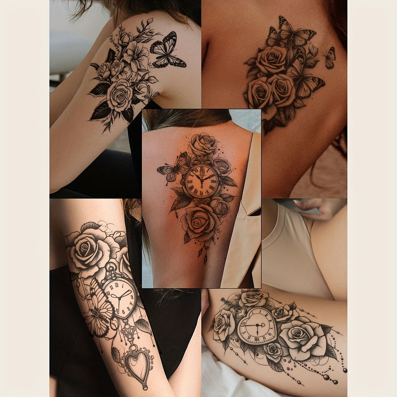 Gothic Butterfly Floral Clock Temporary Tattoo Stickers