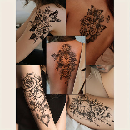 Gothic Butterfly Floral Clock Temporary Tattoo Stickers