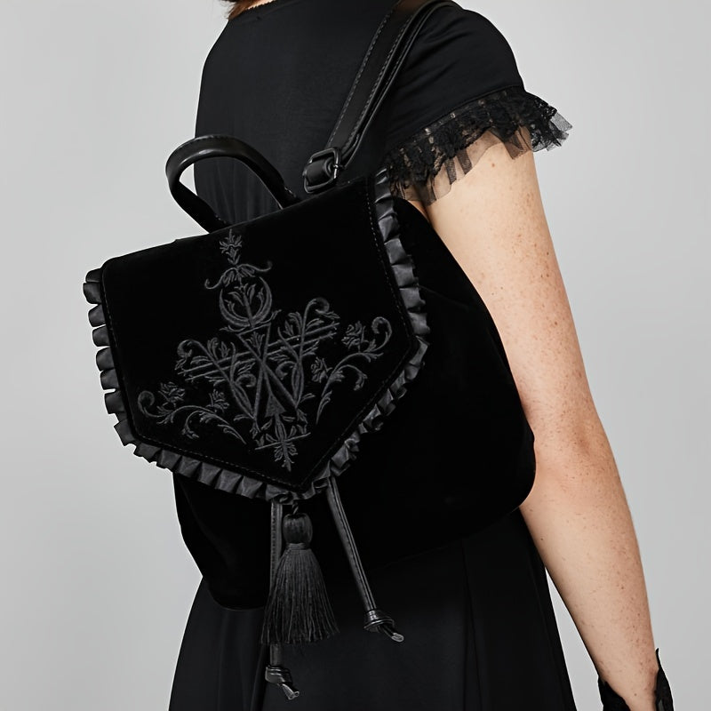 Gothic Velvet Y2K Backpack with Witch Design