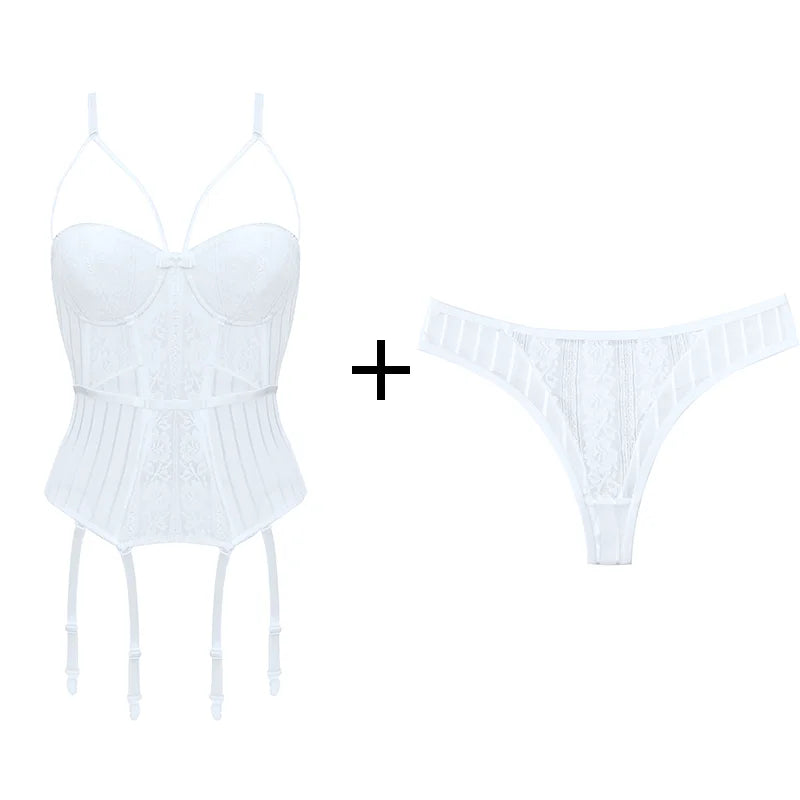 Elegant Gothic Lace Corset Set with G-String & Straps