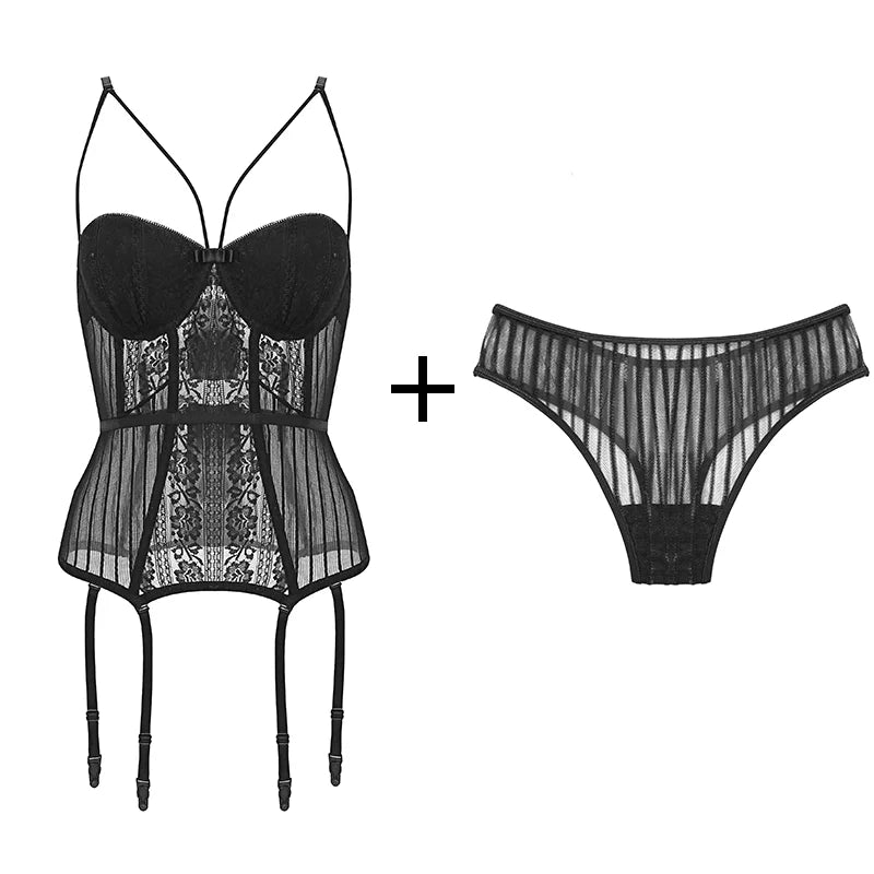 Elegant Gothic Lace Corset Set with G-String & Straps