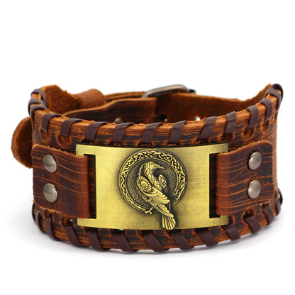 Odin's Raven Vegvisir Leather Bangle - Men’s Punk Style
