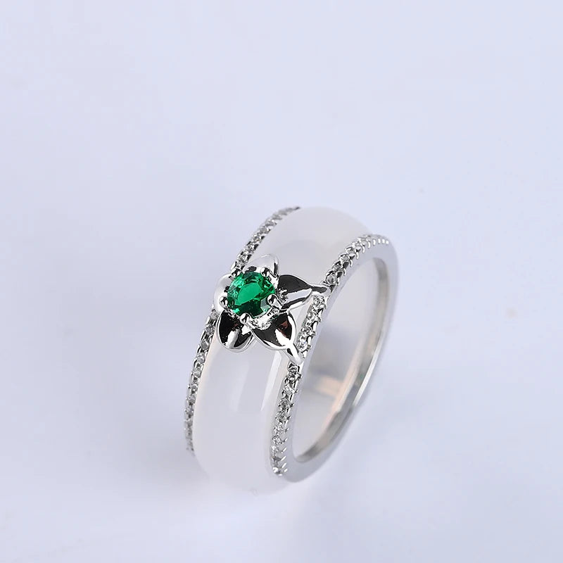 Silver Natural  White Jade Band Ring Classic