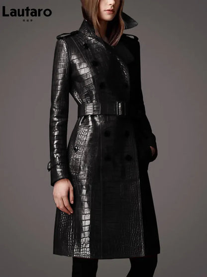 Pu Leather Trench Coat for Women Belt Double Breasted