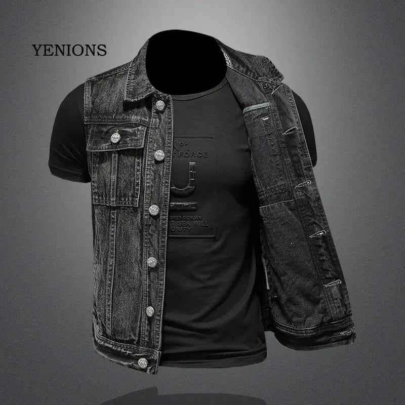 Retro Jean Jacket Men's Style Waistcoat Coat Cowboy Brand