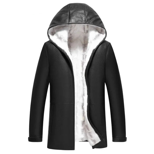 natural sheepskin leather hooded