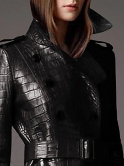 Pu Leather Trench Coat for Women Belt Double Breasted