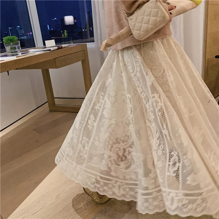 Chic Lace Pleated High Waist Skirt for Women