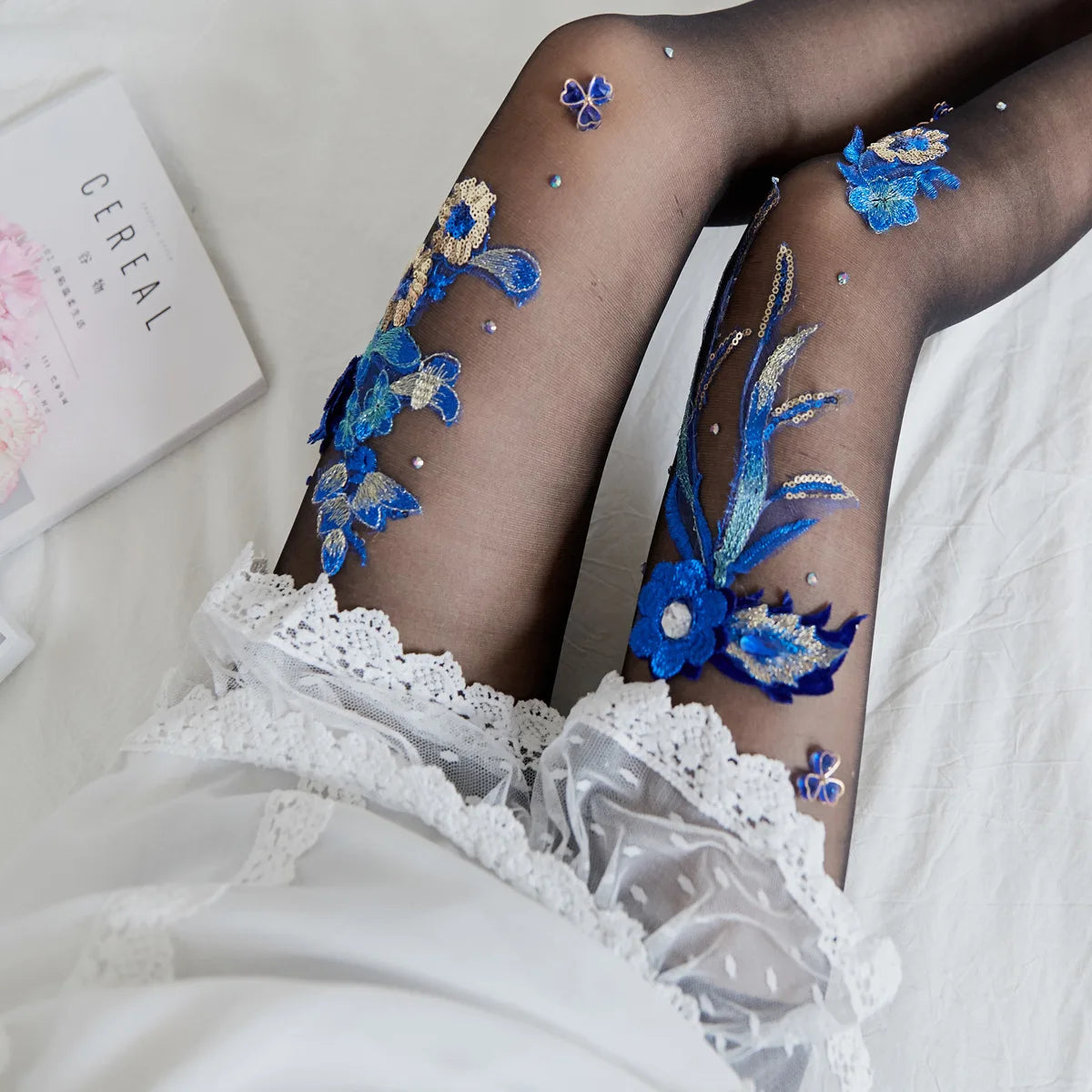 Silk Floral-Embroidered Party Against Opaque Tights