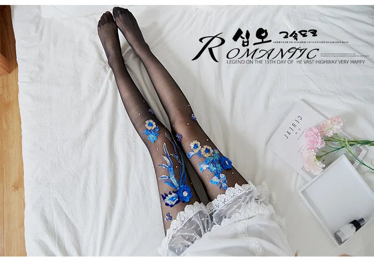 Silk Floral-Embroidered Party Against Opaque Tights