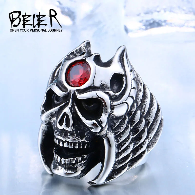 Stainless Steel Winged Skull With Red Stone