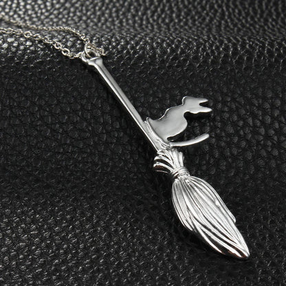 Punk Magic Broom With Cat Pendant Necklace