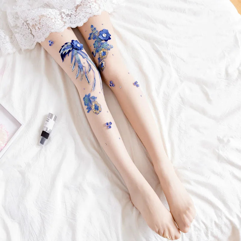 Silk Floral-Embroidered Party Against Opaque Tights