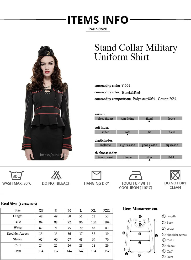 Punk Rave Gothic Military Blouse with Lotus Hem