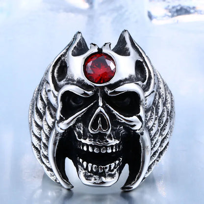 Stainless Steel Winged Skull With Red Stone