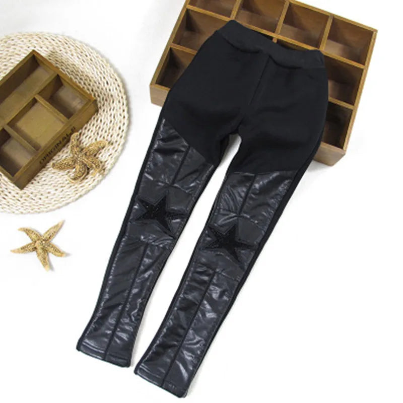 Girls Winter Warm Leggings Pu Thickened Leather Pants