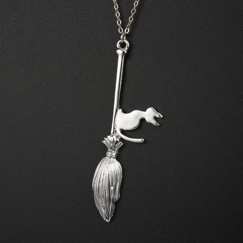 Punk Magic Broom With Cat Pendant Necklace