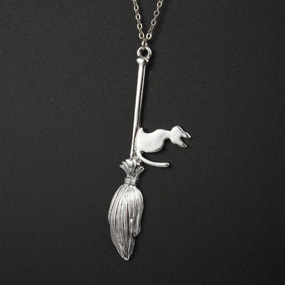 Punk Magic Broom With Cat Pendant Necklace