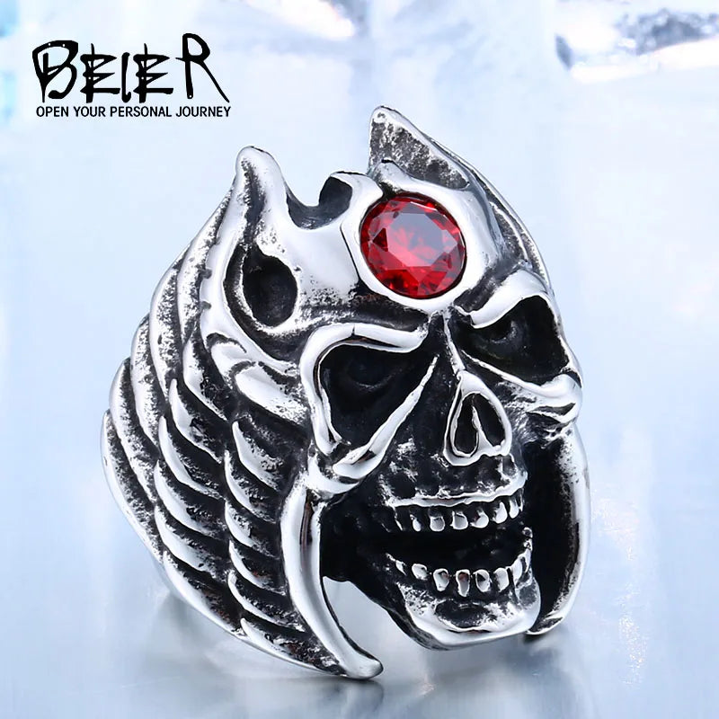 Stainless Steel Winged Skull With Red Stone
