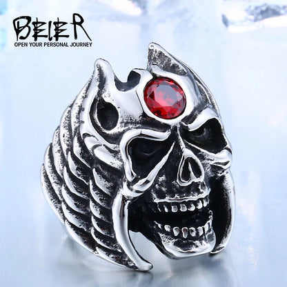 Stainless Steel Winged Skull With Red Stone