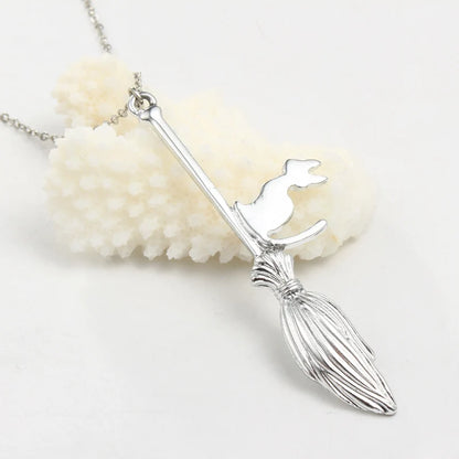 Punk Magic Broom With Cat Pendant Necklace