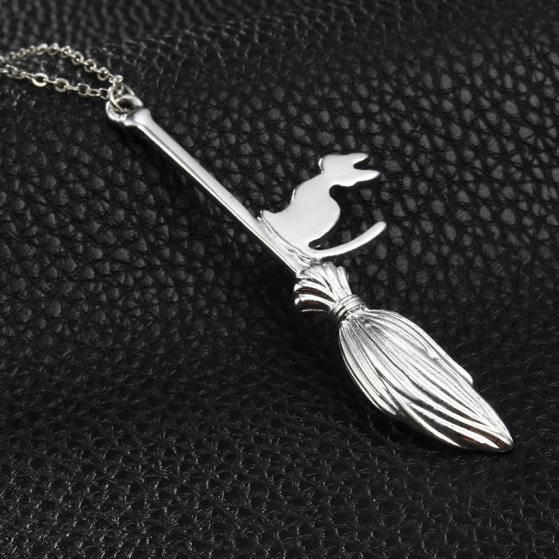 Punk Magic Broom With Cat Pendant Necklace