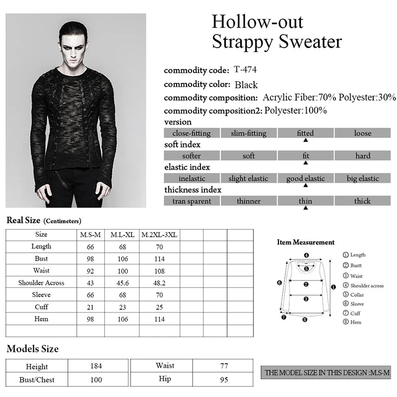 Strappy Gothic Punk Men's Sweater Top T474