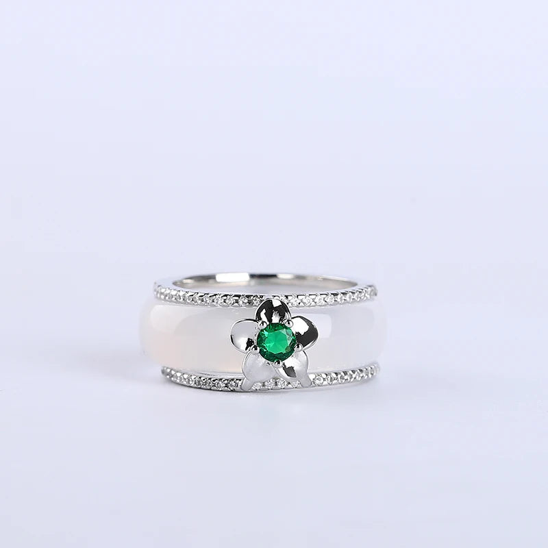 Silver Natural  White Jade Band Ring Classic
