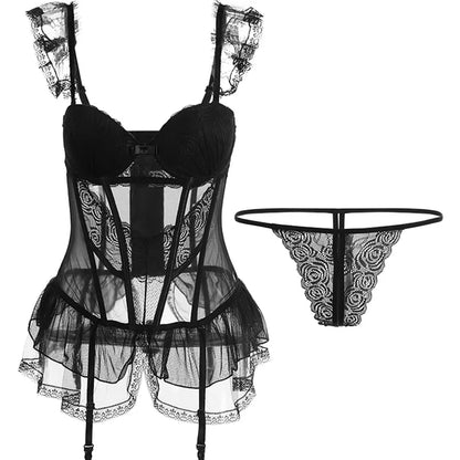 Felinus Lace-Trimmed Sexy Bodysuit & Thong Set