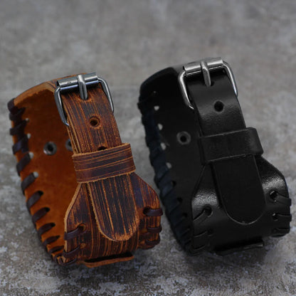 Odin's Raven Vegvisir Leather Bangle - Men’s Punk Style