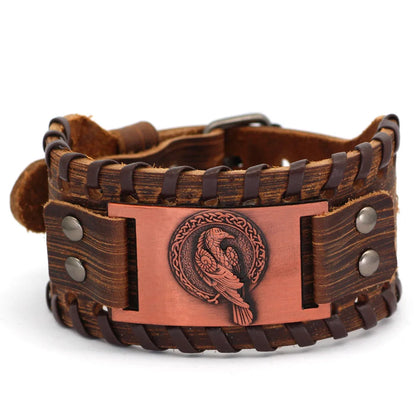 Odin's Raven Vegvisir Leather Bangle - Men’s Punk Style