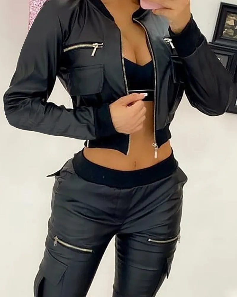 Pu Leather Zipper Pocket Design Skinny Pants