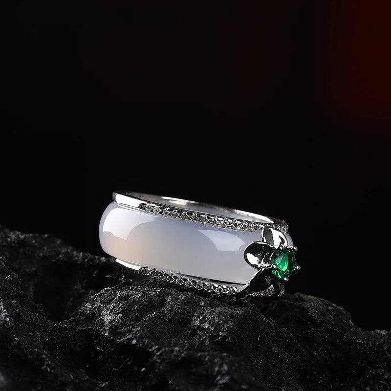 Silver Natural  White Jade Band Ring Classic