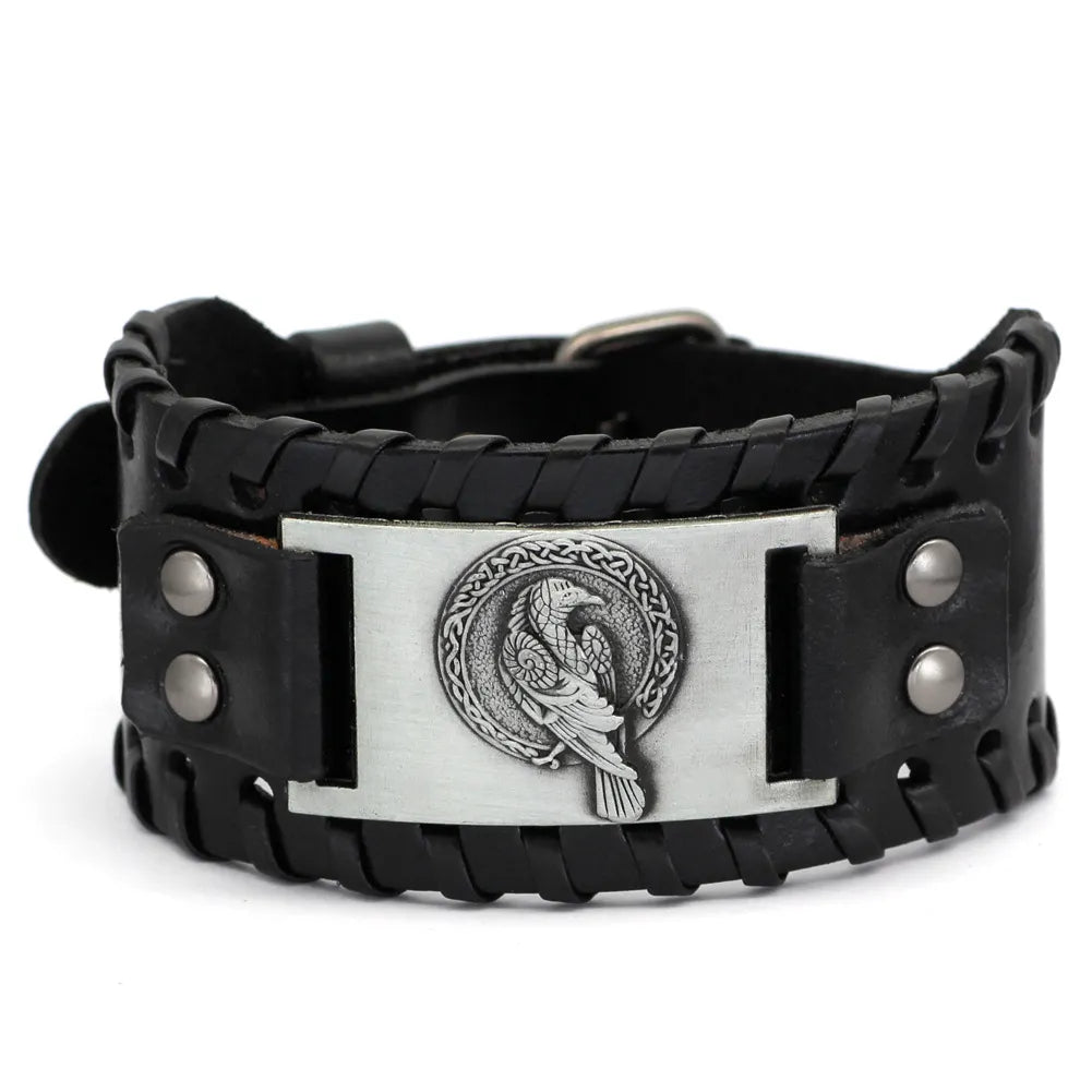 Odin's Raven Vegvisir Leather Bangle - Men’s Punk Style
