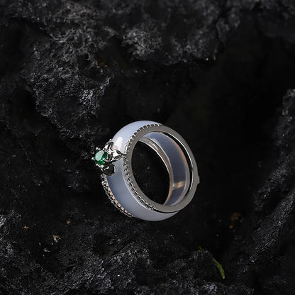 Silver Natural  White Jade Band Ring Classic