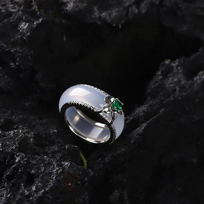 Silver Natural  White Jade Band Ring Classic